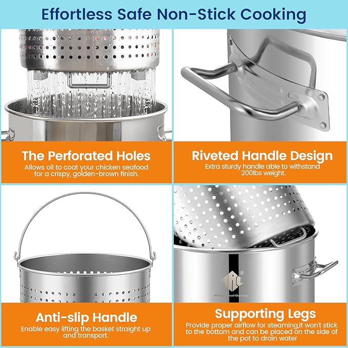 ARC 52QT Stainless Steel Stockpot for Crab Seafood Boiler w/Basket, 13Gal | Outdoor Cooking Pot w/Steamer Rack-Divider-Lift Hook-Tube For Crawfish Lobster Shrimp Boiling-Turkey Fryer and Tamales Steam