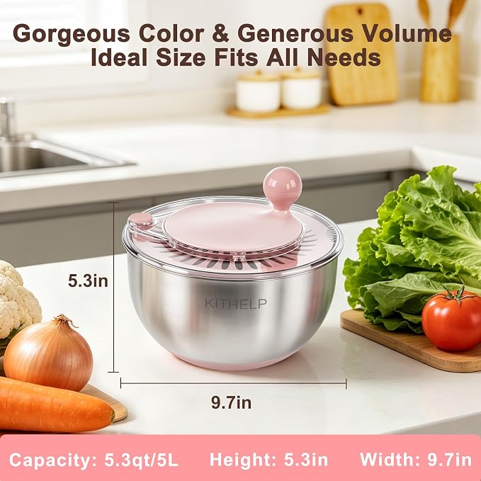 Stainless Steel Salad Spinner Large, Vegetables Fruits Wash Bowl with Strainer, Lettuce Spinner Dryer with Lid and 5 Blades Slicer, Egg Yolk Strainer, Shredder for Efficient Salad Preparation 5.3Qt