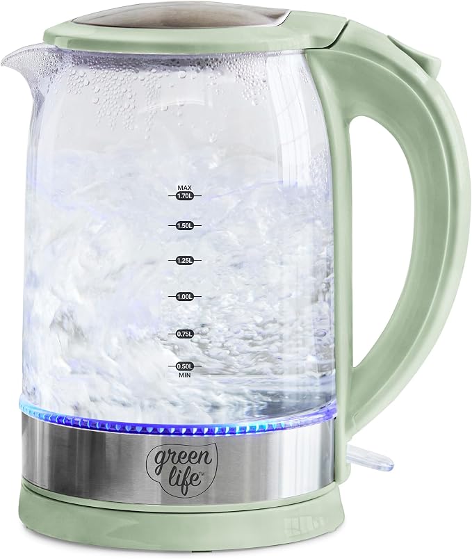GreenLife 1.7 Liter Electric Glass Kettle, Sage Green | Glass Body, Auto Shutoff, Thermal Shock Resistant, Quick Heating, Easy One Touch Use, Cordless Serving, LED Base, Coffee/ Tea