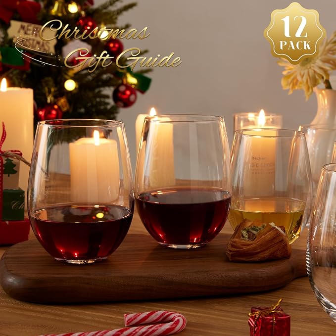 Stemless Wine Glasses Set of 12, 15oz, Crystal, Red White Wine | Clear, Dishwasher Safe, Ideal for Daily Use, Birthday, Wedding, Home Party, Anniversary, Shower
