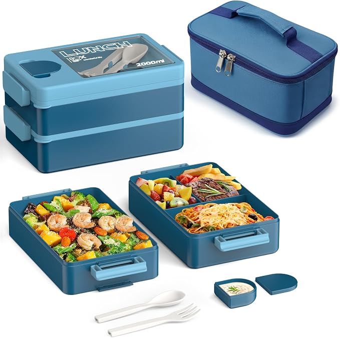 Sitlais Bento Box for Adults, 67oz 2-Layer Stackable Lunch Box with Bag | Leakproof, microwave safe and BPA-free; includes sauce cup and utensils for work, travel, gym and meal prep