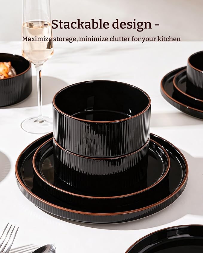 Line Porcelain Dinnerware Set, dish set for 4, Black | Premium dinnerware set, chip-resistant & durable. Safe for dishwasher, microwave, oven. For daily meals to festive feasts