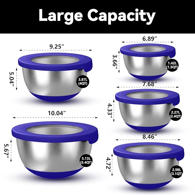 KITEISCAT Stainless Steel Mixing Bowls with Lids – Set of 5 Large Nesting Metal Bowls for Kitchen, Baking, Cooking, Food Prep & Storage, Non-Slip Base, Dishwasher Safe,Blue