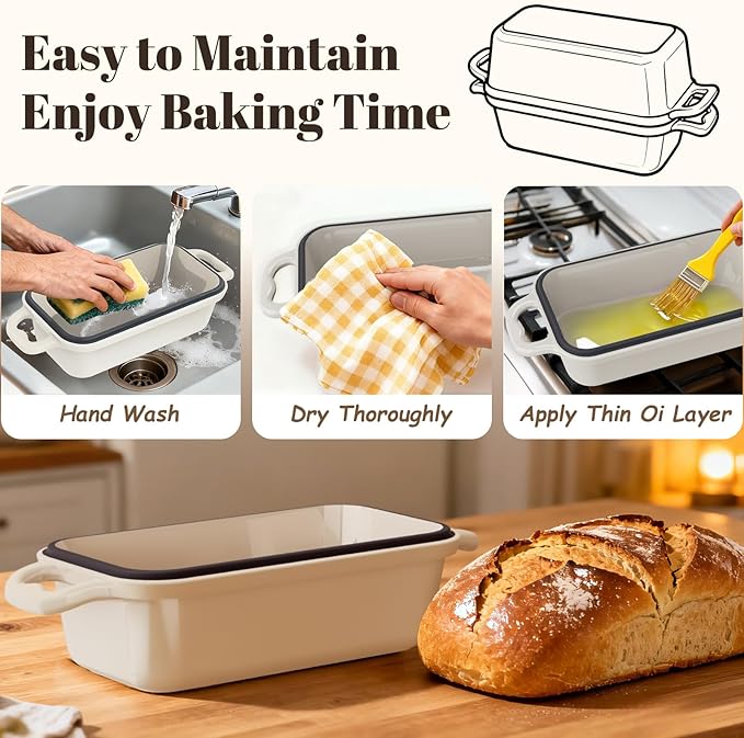 Enameled Cast Iron Sourdough Bread Dutch Oven, Cast Iron Loaf Bread Pan for Homemade Bread Baking, 2PCS 8.5 x 4.5 Inch Meatloaf Pan with Lid, Oven Safe, Cream