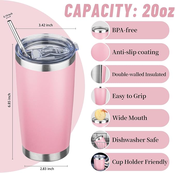 20 oz Tumbler with Lids and Straws, Stainless Steel Insulated Travel Coffee Mug, Double Wall Vacuum Insulated Tumblers, Powder Coated Coffee Tumbler for Cold & Hot Drinks (Pink)