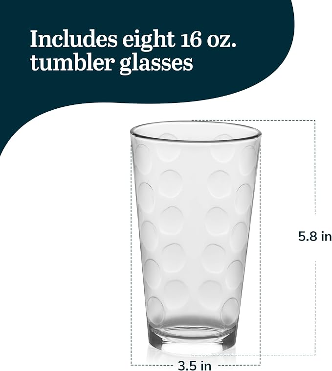 Libbey Reno Tumbler Drinking Glasses, Polka Dot Pattern Tall Glass Tumbler Set of 8, Compact, Fun Glass Cups Set for Everyday Use, Casual Parties