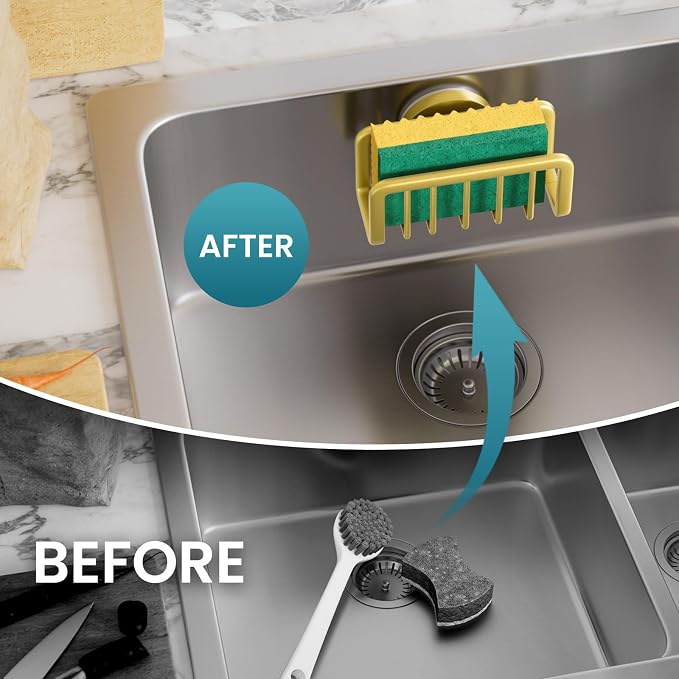 TAILI Rustproof Sponge Holder for Kitchen Sink with Suction Cup-Gold | Rustproof Aluminum Sink Caddy for Sponges, Brushes, Stoppers & Scrapers,Removable Ventilated Quick-dry Design, Holds Up 11lbs