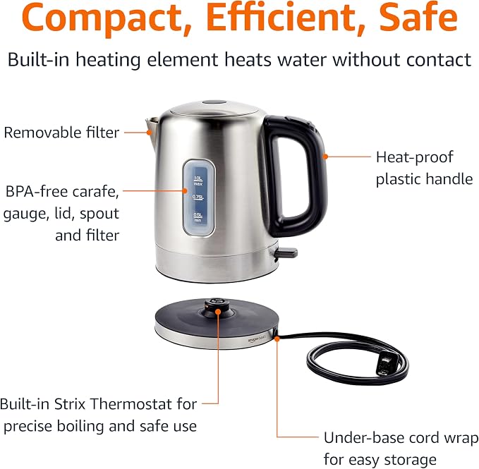 Amazon Basics Electric Stainless Steel Kettle for Tea and Coffee, BPA-Free, Fast Boiling, Auto Shut-Off, 1 Liter, 1500W, Black and Silver