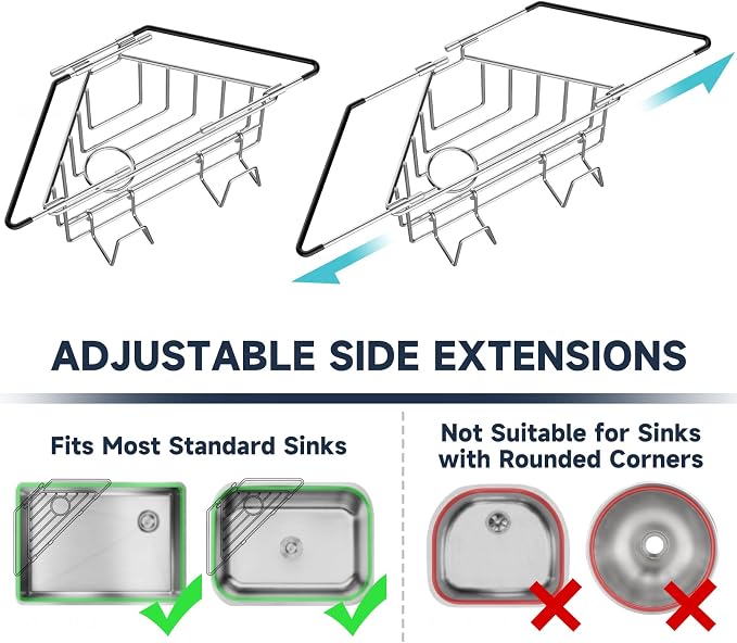 NiHome Adjustable Corner Caddy, Sponge Holder for Kitchen Sink | Rustproof 304 Stainless Steel Storage with Extendable Arms and Open Drainage for Rapid Drying of Brushes and Soap Bars