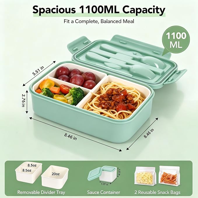 Bento Box 1100ml Lunch Container with Bag & Utensils & 2 Storage Bags Green | Leakproof, microwave safe, BPA-free. Includes insulated bag, fork & spoon, sauce cup, and 2 reusable storage bags for snacks