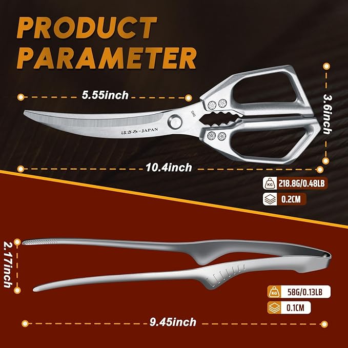Huusk Kitchen Scissors and Cooking Tong, Kitchen Shears Set all Purpose | Stainless Steel Meat Scissors and BBQ Tongs Set for Food, Comfortable Handles, Dishwasher Safe, Gifts for Women