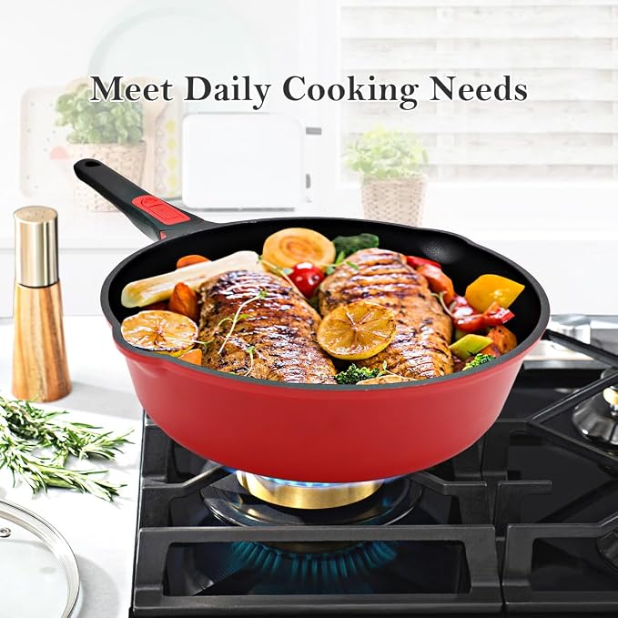 12 Inch Steamer Pan Nonstick, Deep Frying Pan Skillet with Lid, Red | Detachable Handle, Suitable for All Stoves, Including Induction, PTFE & PFAS & PFOA Free, Oven Safe