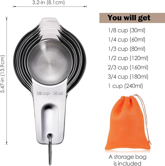 Measuring Cups Set, 7PCS Stainless Steel Engraved Markings Kitchen | 304 food-grade steel, dual-scale markings, one-piece construction, nesting storage, dishwasher safe, dry & liquid ingredients
