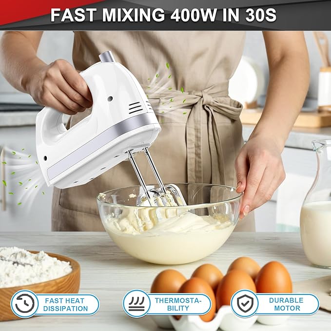 Lord Eagle Hand Mixer Electric Handheld 400W 5-Speed Lightweight | Kitchen Mixer with Storage Case, 5 Stainless Steel Attachments for Baking Cake Egg Cream Food Beater, Turbo+Eject Button