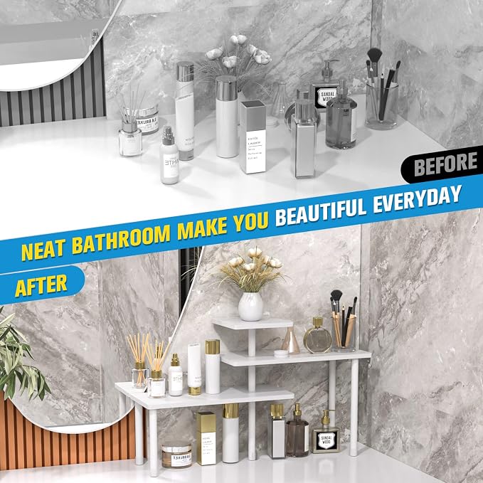 JayRex 3-Tier Bathroom Countertop Corner Shelf Organizer, White | Space-saving corner design organizes spices, skincare and toiletries on kitchen and bathroom counters.