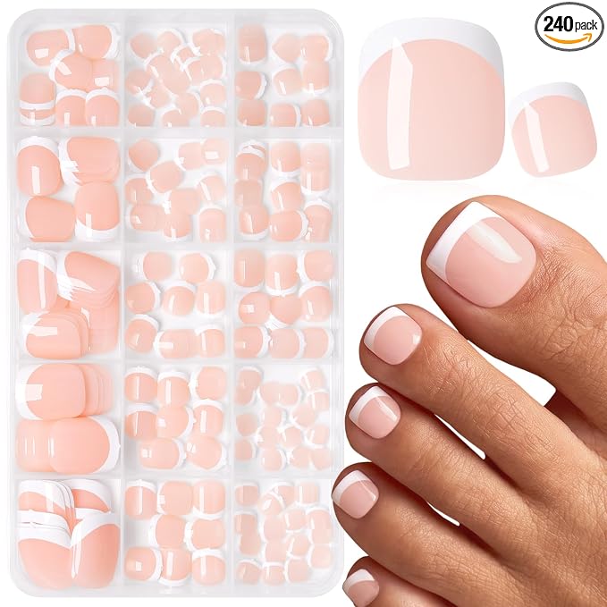 240pc White French Tip Press on Toenails Women Nude Fake Toenails | Fake Toe Nails Press ons Nail Square Glue on Toe Nails Acrylic Press on Toes Nails Tip Stick False Artificial Toenail
