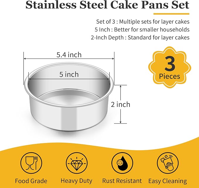 TeamFar 5 Inch Cake Pan Set of 3, Stainless Steel Small Layer Cake Pans Tin | Round Bakeware for Birthday Wedding Party, Non-Toxic & Healthy, Mirror Finish & Dishwasher Safe
