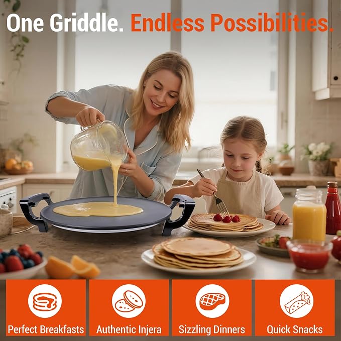 18.5” Electric Injera Maker, Mitad for Ethiopian Injera, Pancake Teff Maker, Electric Griddle with Lid, Non-Stick Surface, Easy to Clean, Adjustable Mechanical Knob Control, Even Heating