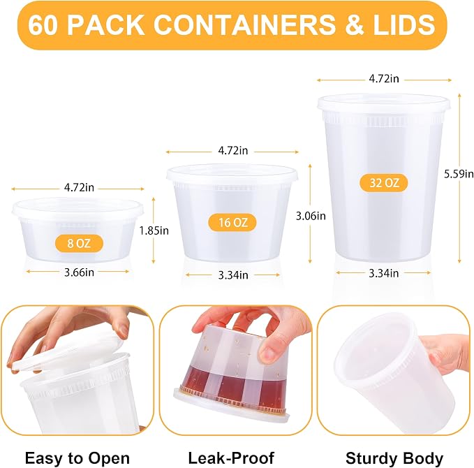 BYSNOW 60 Sets Deli Containers with Lids Plastic Food Storage Containers | 32/16/8 oz X 20 Set Each, Leak-Proof & BPA Free Airtight Stackable Takeout, Freezer/Microwave/Dishwasher Safe