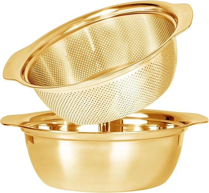 Paoli 304 Stainless Steel Fine Mesh Colander Set, 2.5QT Large Capacity Strainer with Mixing Bowl — Rinse Fruits, Veggies, Rice & Drain Pasta, Dishwasher Safe (2-Piece Gold)