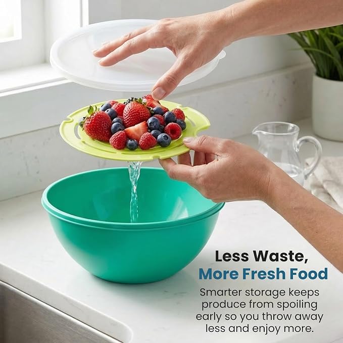 Jokari Watermelon Salad Bowl with Strainer and Lid - Self-Draining | Lid - Self-Draining Container, Fruit, Vegetables, Mixed Greens - Includes Nesting Colander, Snap-Tight Storage Lid