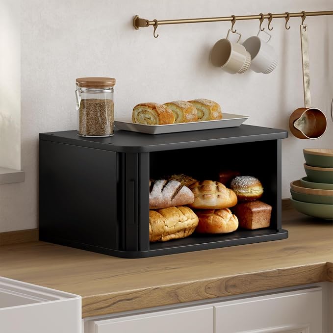 WOWLIVE Roll Top Bread Box for Kitchen Countertop, Bamboo Bread Storage | Airtight Bread Containers, Large Bread Bin with Sliding Door for Loaves, Bagels, Countertop Storage Cabinet, Black, Medium