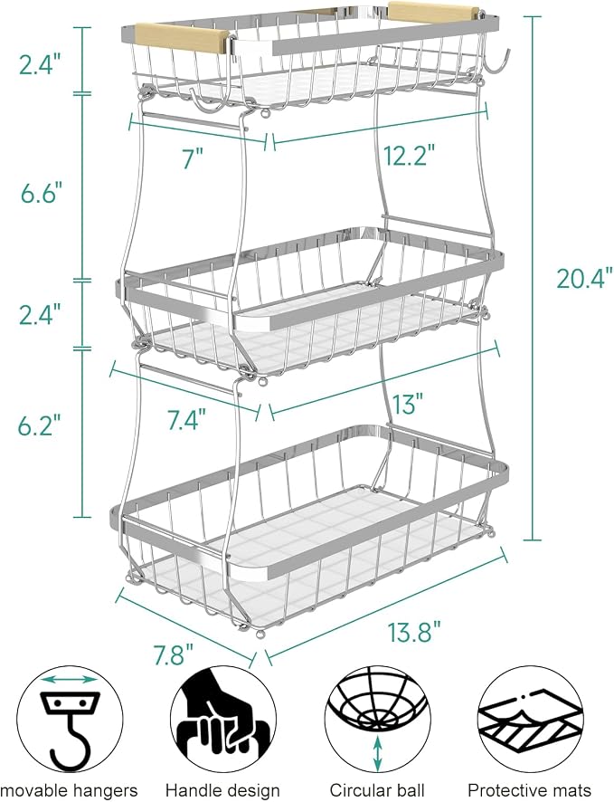 3-Tier Fruit Basket with Banana Hangers, Detachable Metal Bowl | Wooden handle, protective mats included. Versatile holder for bread, snacks, and veggies. Large 3 tier metal design.