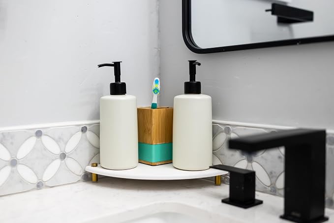 Fast Drying Stone Sink Caddy Made of Diatomaceous Earth | Water Absorbing Stone Tray for Bathroom | Instant Dry Sponge Holder for Kitchen Sink New Longer Size (Marble print on Corner tray)