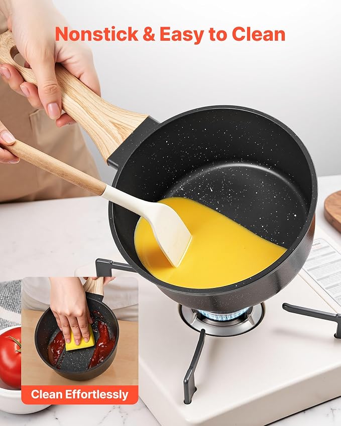 VEVOR 1.5 QT Saucepan, Nonstick Saucepan with Tempered Glass Lid, Multipurpose Cooking Sauce Pot with Detachable Handle, Sauce Pan Small Kitchen Cooking Pot with Coating, Induction Compatible, Black