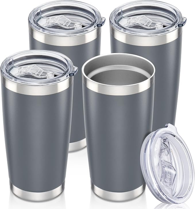 20 oz Tumbler with Lid Stainless Steel Insulated Tumblers Bulk Cups Mug | Double Wall Vacuum, Powder Coated, Keep Drinks Cold and Hot, Waterproof Lid, Fit of Car Cup Holders, Grey, 4 Pack