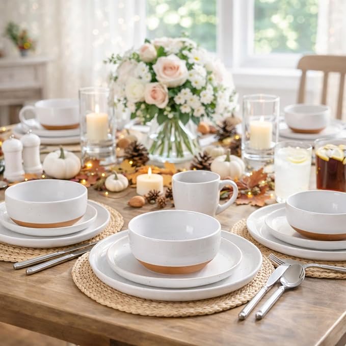 AmorArc Dinnerware Sets for 4, 12 Pieces Ceramic Plates and Bowls Set | Scratch Resistant Stoneware Dishes Set, Dishwasher & Microwave Safe,White