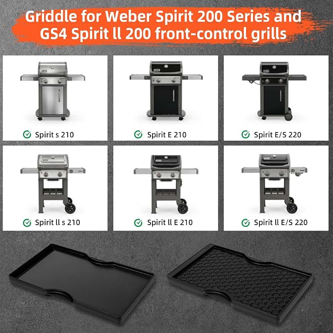 17.5 Inch Grill Griddle for Weber Spirit 200 Series | Dual Sided Sear Parts for Weber Spirit 200 & GS4 Spirit II E210, Porcelain-Enameled Cast lron Thick Nonstick BBQ Griddle Pan