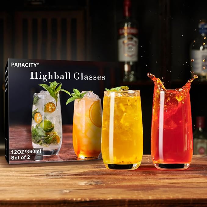 PARACITY Highball Glasses Set of 2, Drinking Glasses 12 Oz, Clear Glass Cups, Tall Tumbler Water Glasses, Glassware Set for Cocktail, Coffee, Mojitos | Clear drinking glassware for cocktails, coffee, mojitos and water, with a tall profile for home kitc...