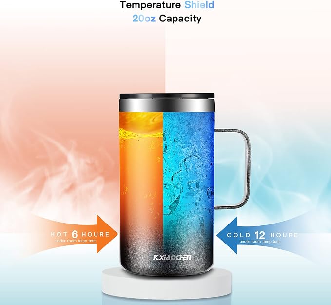 KXIAOCHEN 20 oz Insulated Coffee Mug, Coffee Cup with Lid and Wide Handle | 18/8 stainless steel, 6+ hours hot or 12+ hours cold, wide mouth, no-sweat exterior, for office, work, home and camping