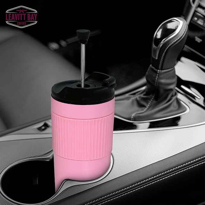 Pink Portable French Press Travel Mug & Coffee Maker | Leak-resistant lid Double-wall vacuum insulation ideal for camping & travel