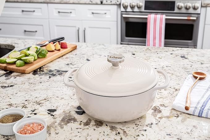 Lodge 3 Quart Enameled Cast Iron Dutch Oven with Lid – Dual Handles – Oven Safe up to 500° F or on Stovetop - Use to Marinate, Cook, Bake, Refrigerate and Serve – Oyster White
