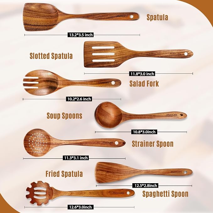 Mooues Wooden Kitchen Utensil Set, 12 Piece Natural Teak with Spoon Rest | Wooden Cooking Utensils with Comfort Grip, Smooth Durable Heat Resistant Cooking Spoons and Utensils Holder for Cooking