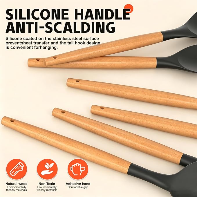 Silicone Cooking Utensil Set,10 PCS Cooking Kitchen Utensils Set, Nonstick Kitchen Utensils 446°F Heat-Resistant Cookware Tools of Spoon,Brush,Whisk,Spatula,Turner Tongs (Black)