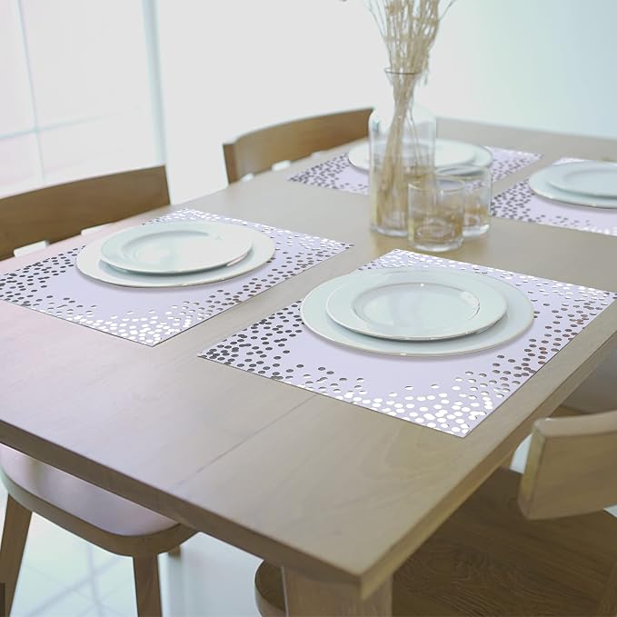 45 Pieces Silver Foil Paper Placemats White and Silver Dots Place Mats Disposable Decorative Paper Table Mats Rectangle Party Placemats for Birthday Wedding Baby Shower Party Dining Decor