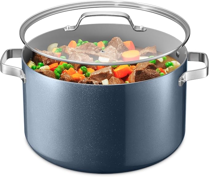 Bakken 16 Quart Ceramic Coated Stock Pot with Lid, Easy Clean Nonstick Pot, Tempered Glass Lid, Riveted Stainless Steel Handles, Oven Safe Up To 500°F, PTFE & PFAS Free, All Stove Compatible, Blue