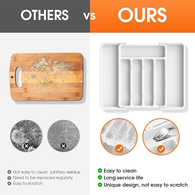 SpaceHacks Silverware Organizer，Adjustable & Expandable Drawer Organizer | Utensil Drawer Organizer, BPA Free Utensil Holder, Cutlery Tray for Forks, Spoons, Knives in Kitchen, Medium, White