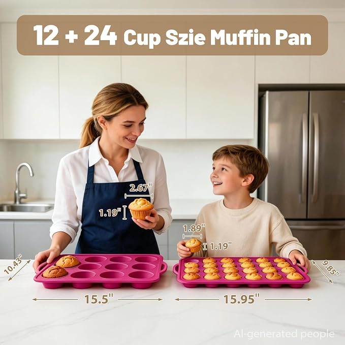 Silicone Mini Muffin Tin Set: 12 & 24 Small Cupcake Baking Tin with Frame | Easy Release - Complete Shaping Each Use Avoid Re-baking - BPA-free Muffin Trays Reinforced Frame for Oven Home Bakers Vnray