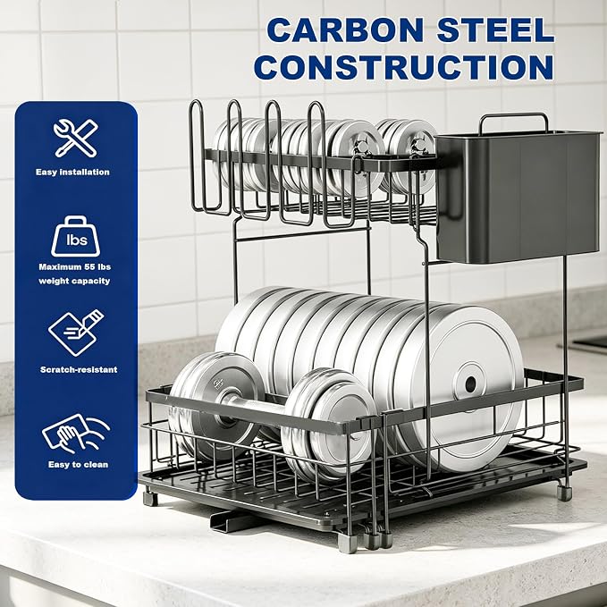 2 Tier Foldable Expandable Double Dish Drying Rack with Utensil Holder & Phone Holder, Over Sink Large Capacity Countertop Dish Dryer Organizer for Kitchen