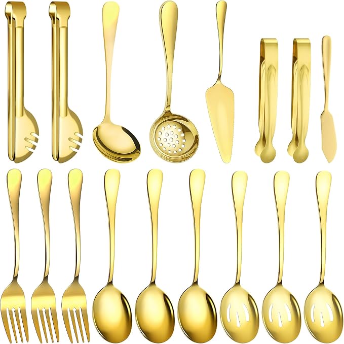 17 Pcs Gold Serving Utensils Set Include Stainless Steel Large Serving Spoons Slotted Spoons Forks Soup Ladle Pie Server - Metal Utensils for Parties Buffet Catering, Dishwasher Safe