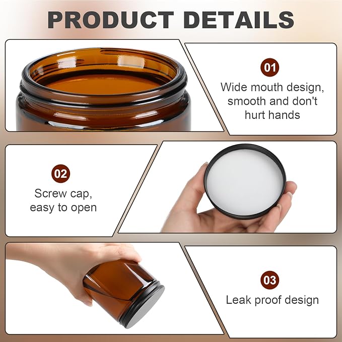 Goiio 18 Pack Amber Glass Jars, 8 Oz Thick Amber Round Glass Jars | with Black Metal Lids, for Spice, Sample, Leakproof and Dishwasher Safe