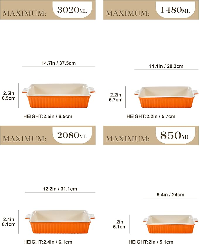 MALACASA Casserole Dishes for Oven, Ceramic Baking Dishes Set of 4,Orange | Rectangular Lasagna Pans Bakeware for Roasting Vegetable, Gratins, Gift Set, Oven Dishwasher Safe (9.4/11.1/12.2/14.7")