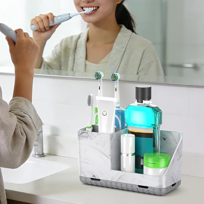 Toothbrush Holders for Bathroom Countertop Organizers (Grey Marble Grain) | Easy To Clean, Drainage, Non-Slip, Detachable Kids Electric Toothbrush Organizers for Bathroom Organizers and Storage
