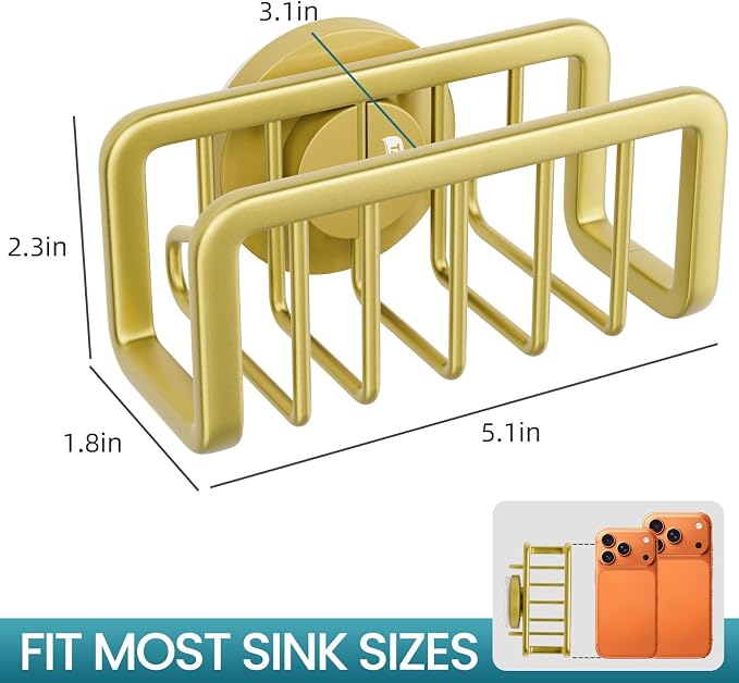 TAILI Gold Sponge Holder for Kitchen Sink with Strong Suction Cup | Removable Sink Caddy for Kitchen Sink Oganizer, Rustproof Aluminum Sink Sponge Holder for Scraper Brushes, Stoppers