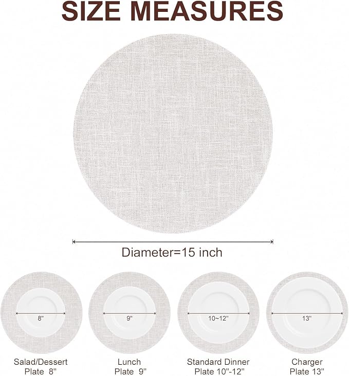 Cotton Linen 15 Inch Round Cloth Place mats, Set of 12, Beige | Washable Table Mats, Heat Resistant, Reversible, Wipeable Place Mats for Indoor Outdoor