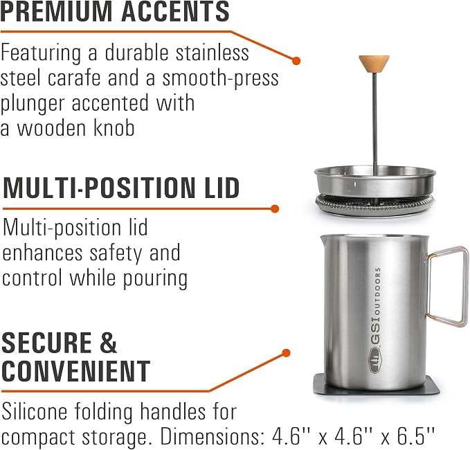 GSI Outdoors Glacier Stovetop Javapress, Stainless Steel French Press Coffee Maker for Camping (40 fl. oz.)